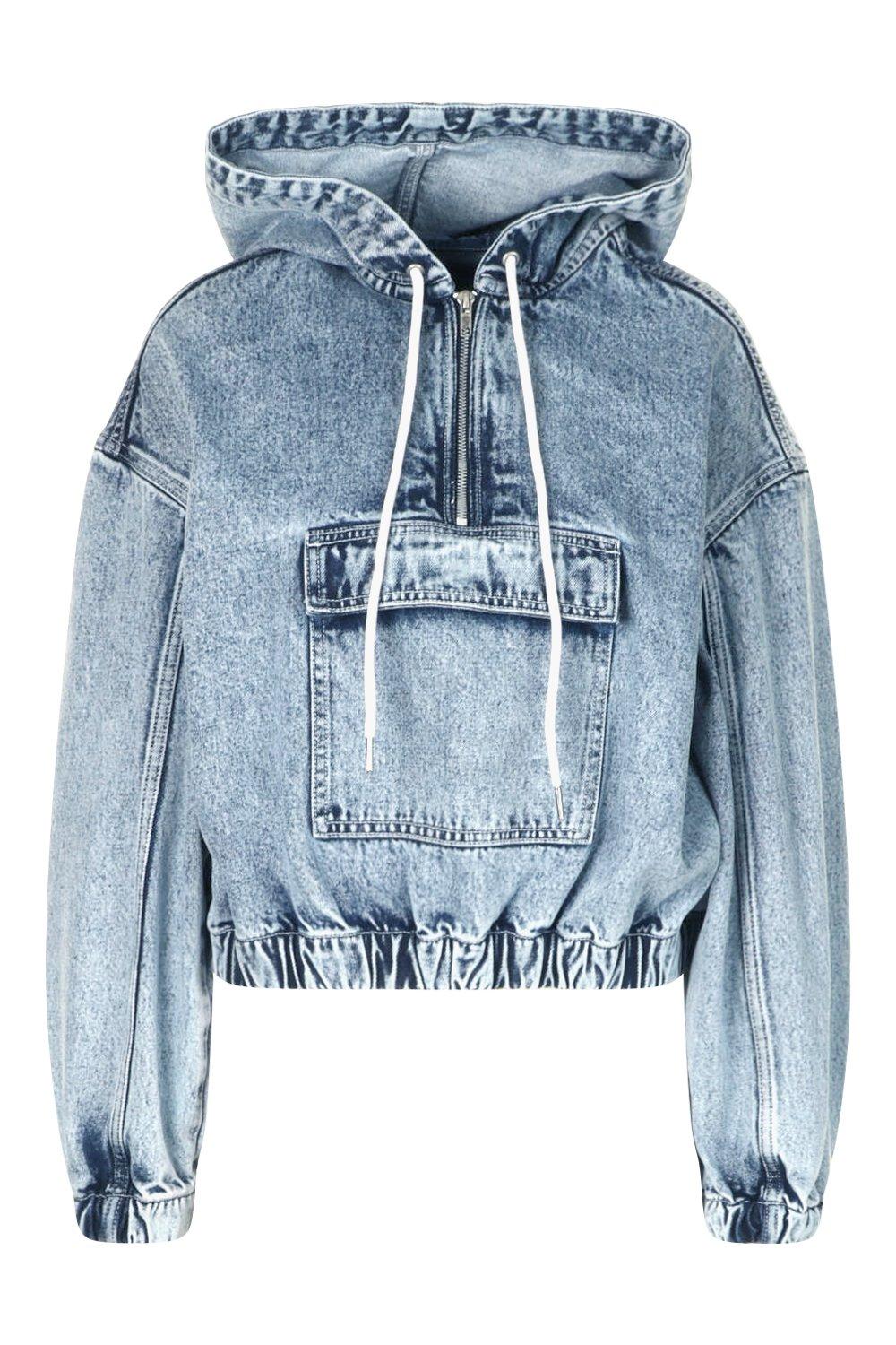 Acid Wash Half Zip Crop Denim Pullover Jacket